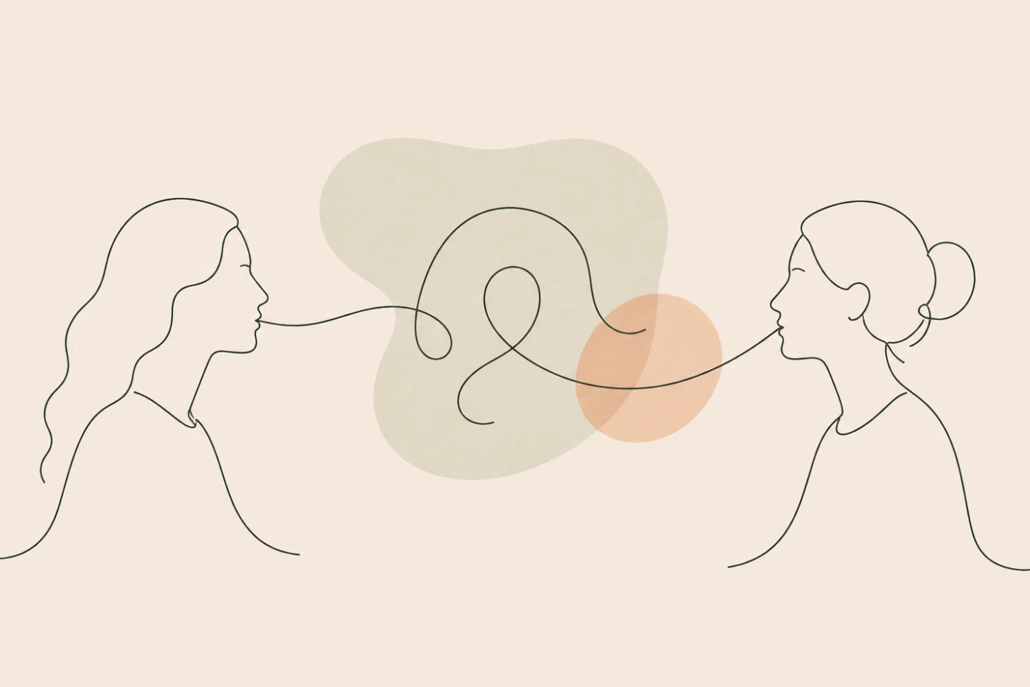 Minimal line art illustration of two people communicating across languages